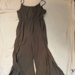 green slitted spaghetti-strap jumpsuit